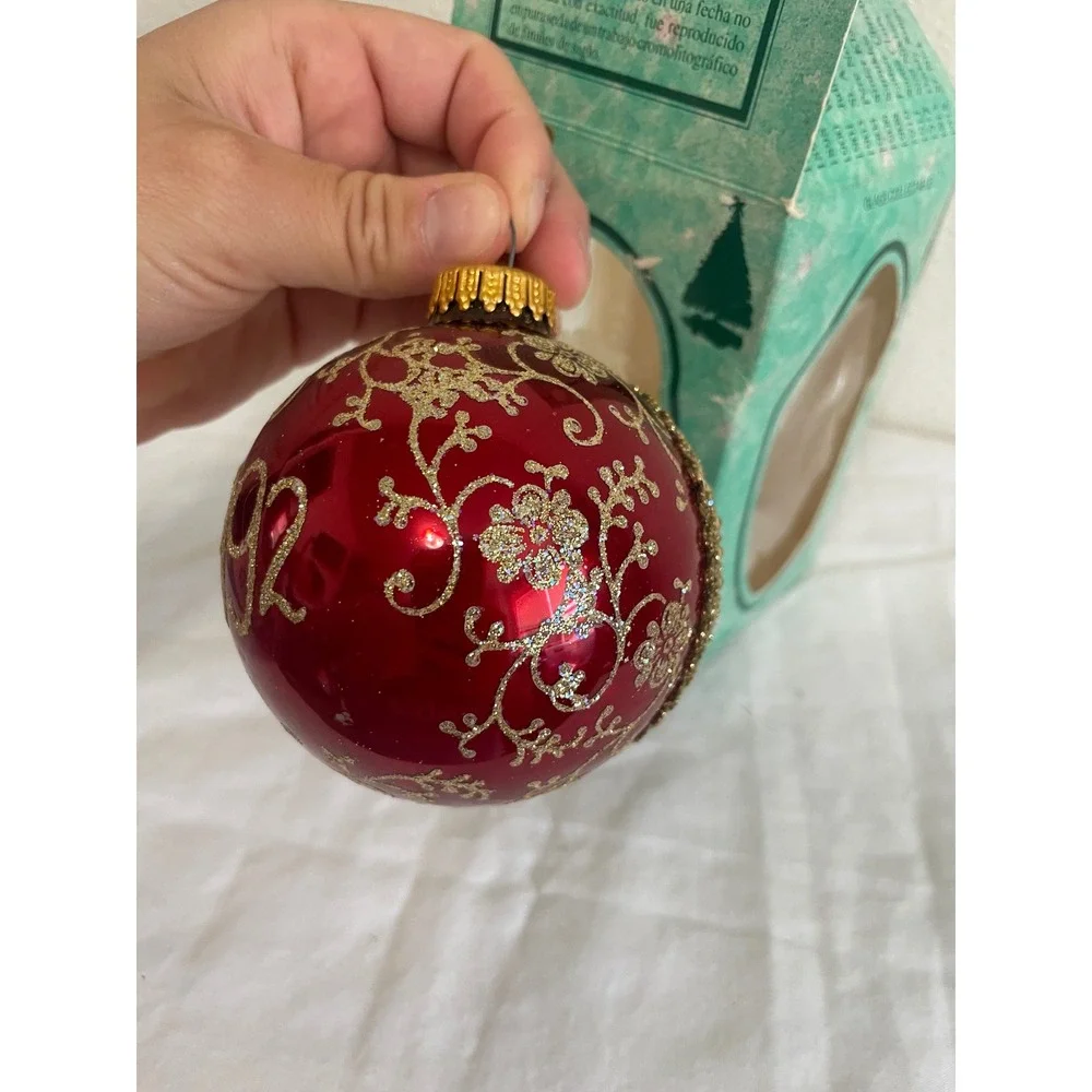 VTG Christmas by Krebs Ornament 1992 Santa on Silk Red Gold Glass Ball USA